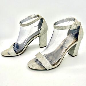 Worthington Beckwith Silver Sparkle Ankle Strap Block Heel Shoes size 8M